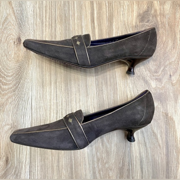 Donald J Pliner Couture Mena 7 M Brown Leather Lo heel Gold Diamond Accent - Picture 4 of 5